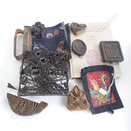 Collection of assorted printing blocks plus book.